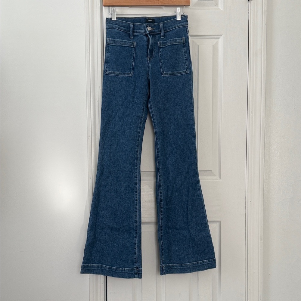 Express Women’s 70s Flare Jeans Size 10 Mid Rise HyperStretch Long Inseam - Picture 4 of 12